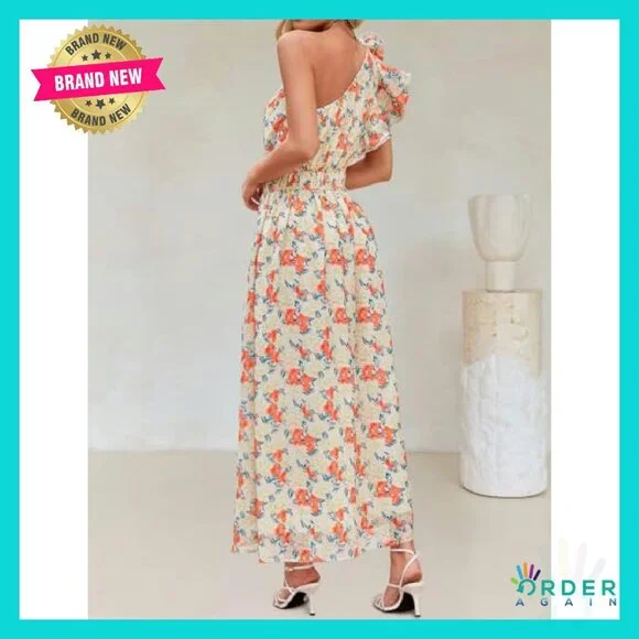 Boho Floral Maxi Dress Sleeveless One Shoulder Ruffle Elegant Beach Party - Picture 5 of 8